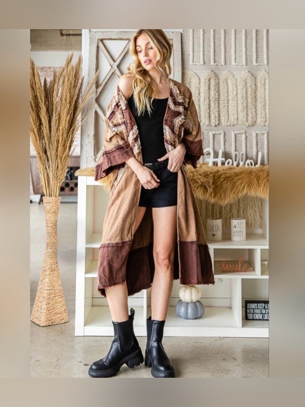 NWOT Boho Star ⭐️ Patchwork Duster in Beige and Brown by Oli & Hali